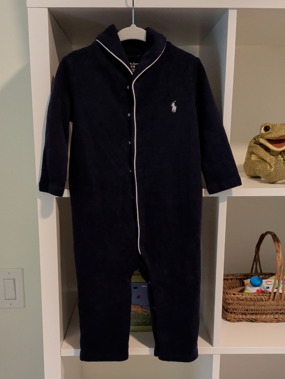 Ralph Lauren Navy Fleece One-Piece Pajama with White Piping